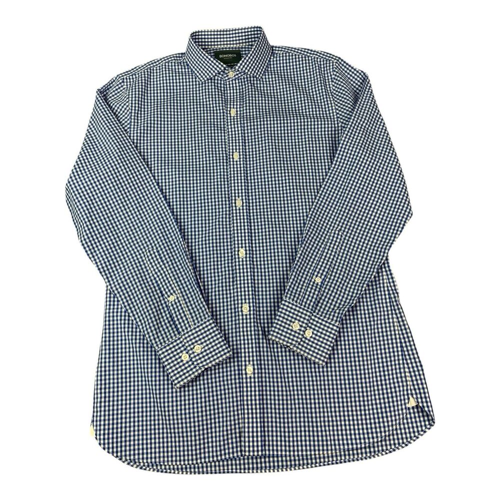 Bonobos Mens 16/34 Long Sleeve Button Down Shirt Slim Fit Blue Check